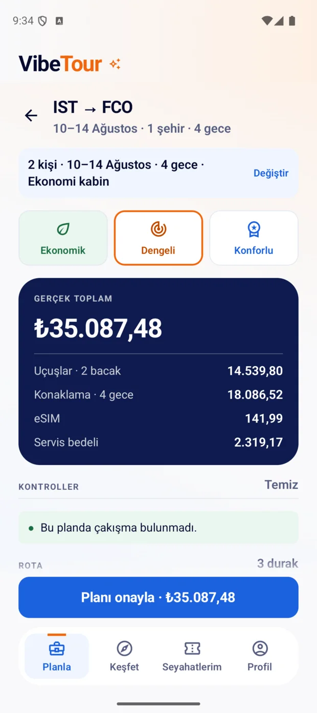 Plan sonucu: karar profilleri, gerçek toplam ve kontroller.
